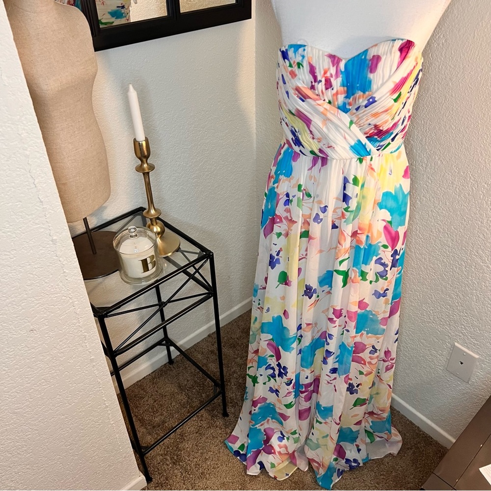 Yumi‎ Kim Silk Watercolor Floral Print Maxi Strapless Dress